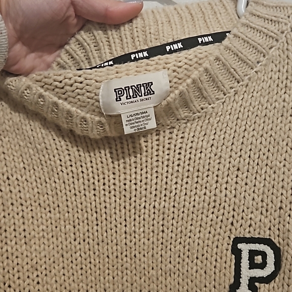 Victoria's Secret PINK Boyfriend Crewneck Cozy Knit Sweater Oatmeal/ L - Picture 6 of 10